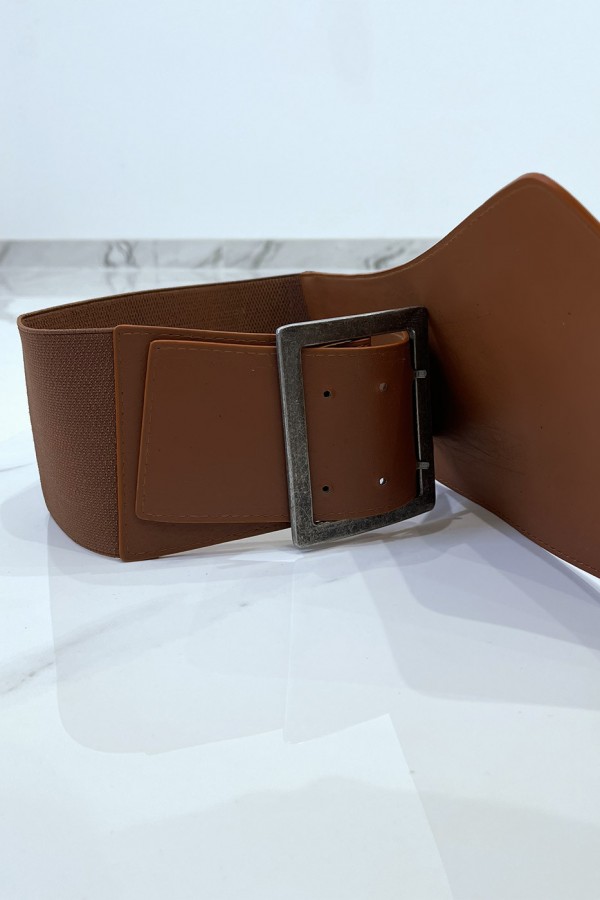 Ceinture asymétrique marron en tissus stretch et simili cuir et grosse boucle métallique - 4