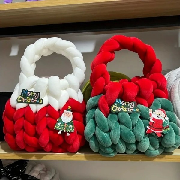 Sac tissé à la main en velours avec décoration du père Noël pour femme, sacs cadeaux de Noël influents