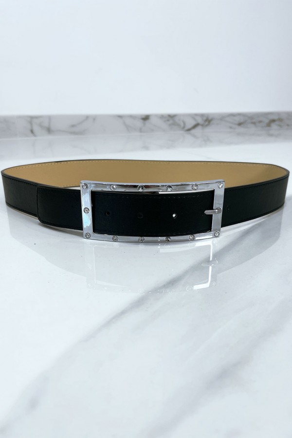 Ceinture noire avec boucle rectangle strass et argenté - 8