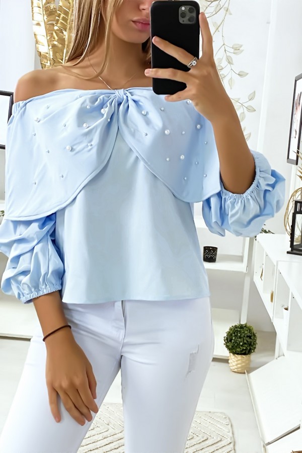 Blouse bleu avec papillons ornée de strass à l'avant - 4