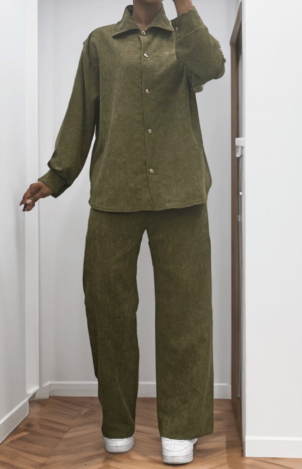 Ensemble chemise et pantalon effet côtelé kaki - 5