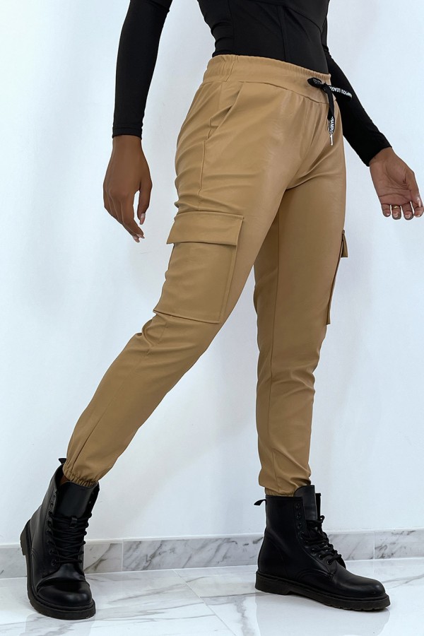 Pantalon jogging treillis en simili camel avec poches - 3