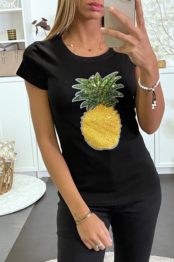 Teeshirt noir à motif ananas en sequins - 3