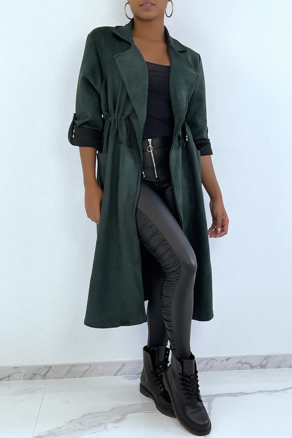 Manteau trench en suédine verte ajustable à la taille - 2