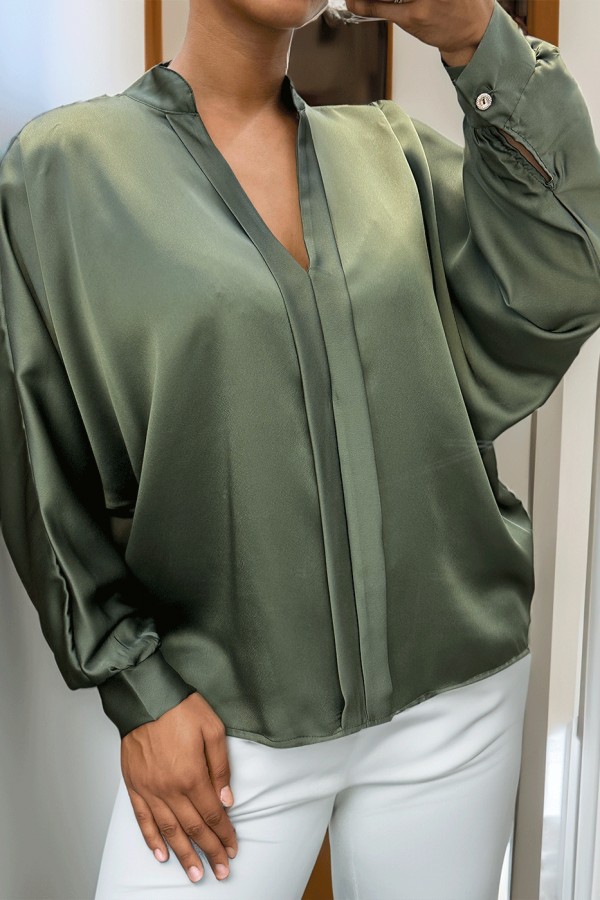 Blouse verte over size satiné avec plis - 2