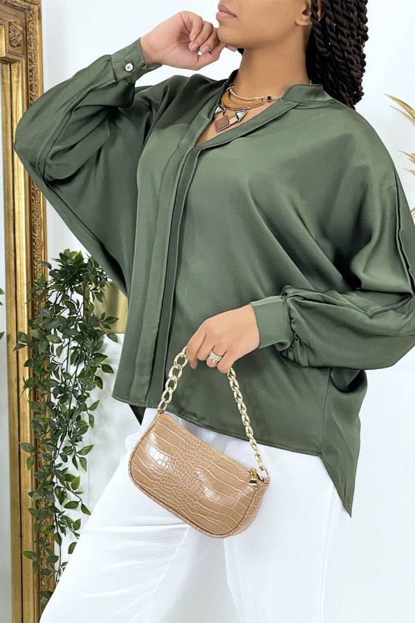 Blouse verte over size satiné avec plis - 7