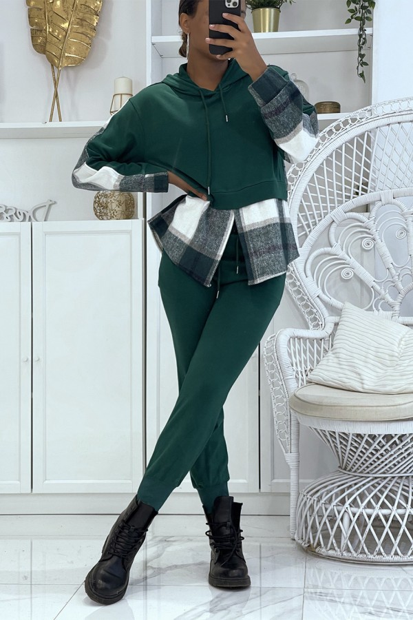 Ensemble de jogging vert canard avec pantalon effet push et sweet 2 en 1 sur chemise à carreaux tendance - 2