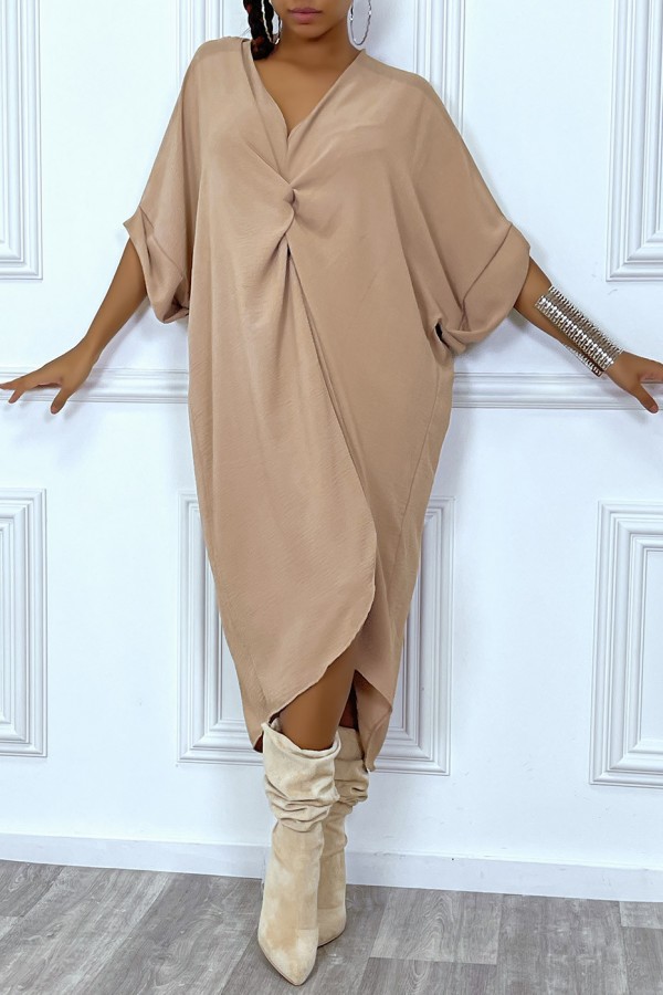 Robe tunique oversize camel col v détail froncé - 1