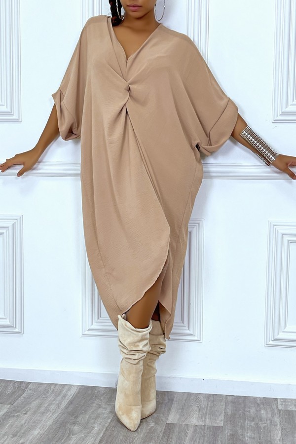 Robe tunique oversize camel col v détail froncé - 2