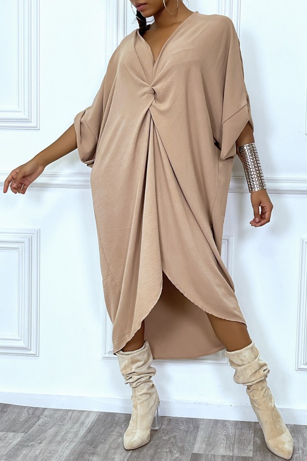 Robe tunique oversize camel col v détail froncé - 3