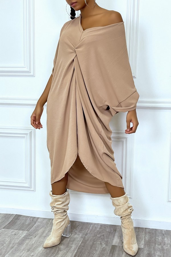 Robe tunique oversize camel col v détail froncé - 7