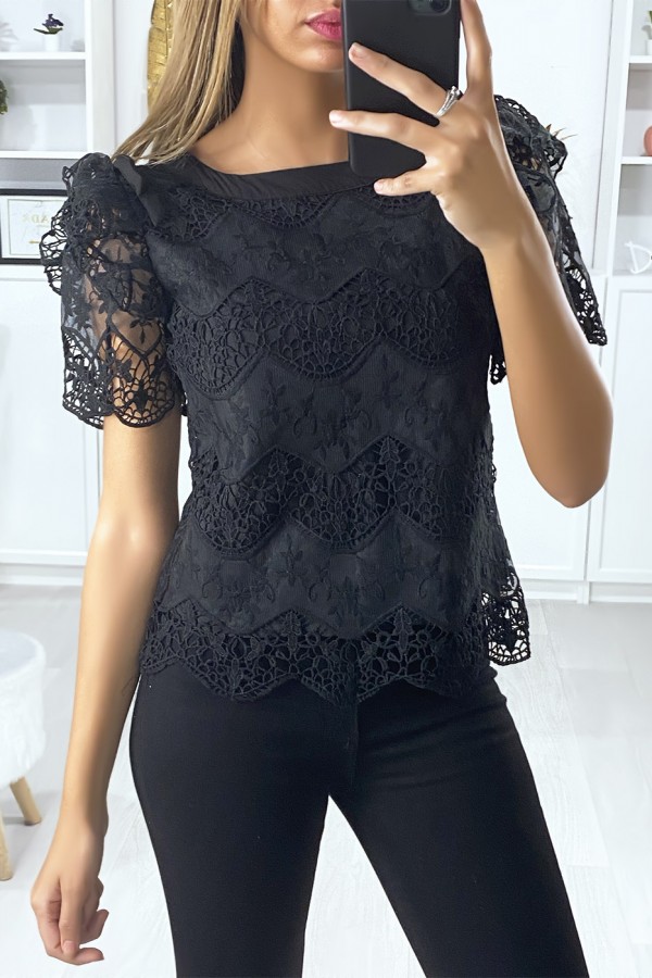 Blouse en dentelle noir avec manches bouffante à volants et noeud - 1