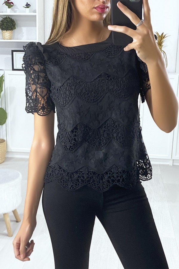 Blouse en dentelle noir avec manches bouffante à volants et noeud - 2