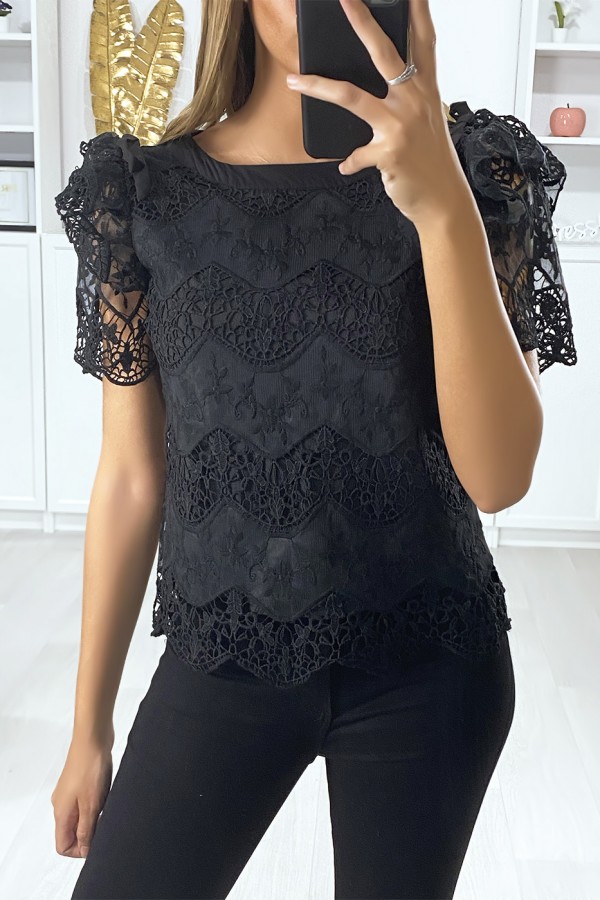 Blouse en dentelle noir avec manches bouffante à volants et noeud - 3