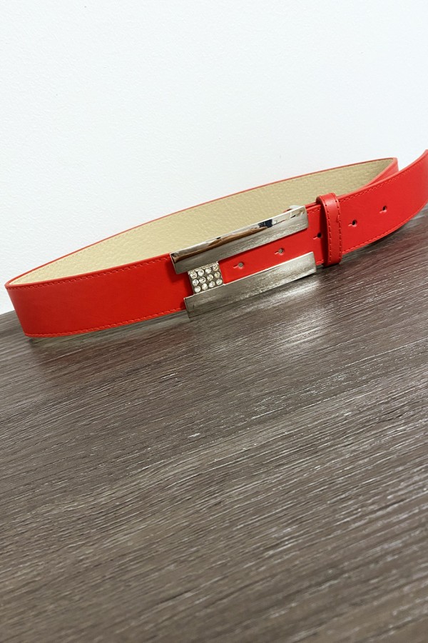 Ceinture rouge avec boucle rectangulaire et strass - 2