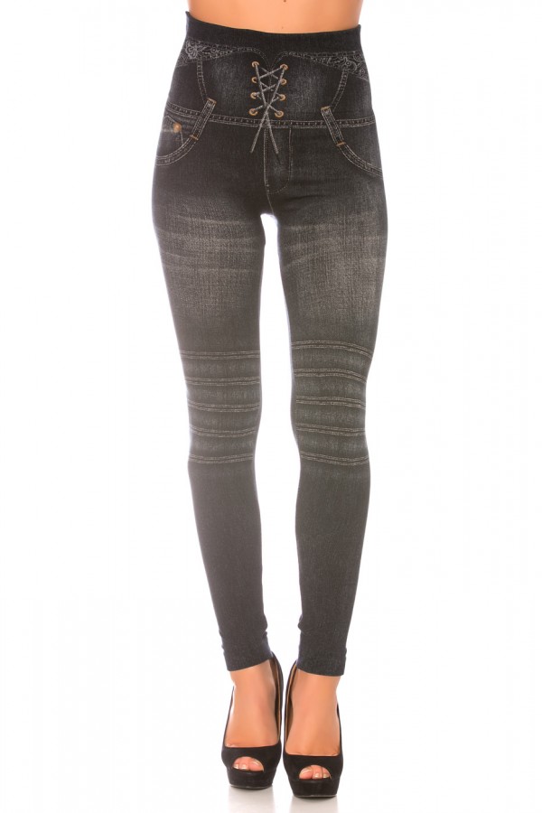 Leggings minceur noir style jeans taille haute et effet lien croisé. Effet Push-Up - 5