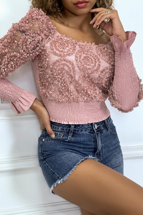 Crop top rose manches longues à froufrous - 3