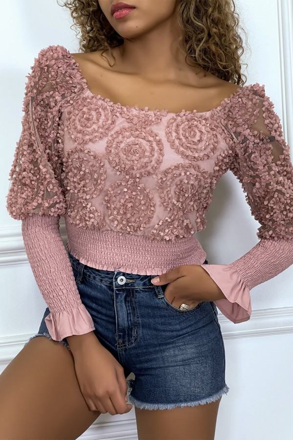 Crop top rose manches longues à froufrous - 4