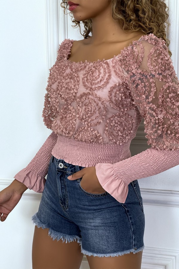 Crop top rose manches longues à froufrous - 5