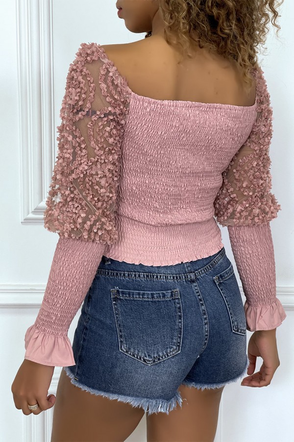 Crop top rose manches longues à froufrous - 6