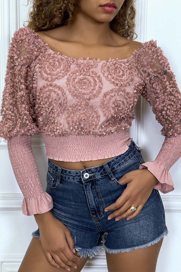 Crop top rose manches longues à froufrous - 7