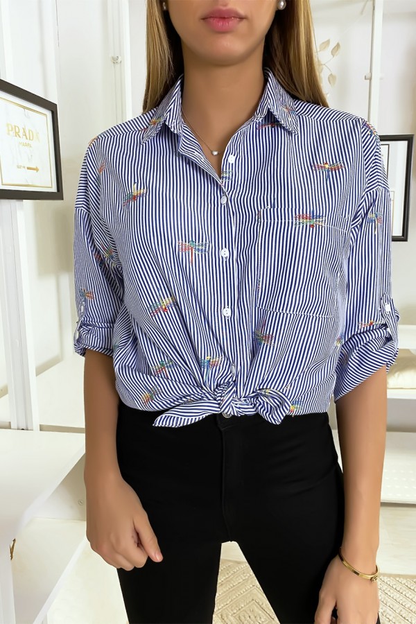 Chemise rayée marine avec détails libellules cousues - 7