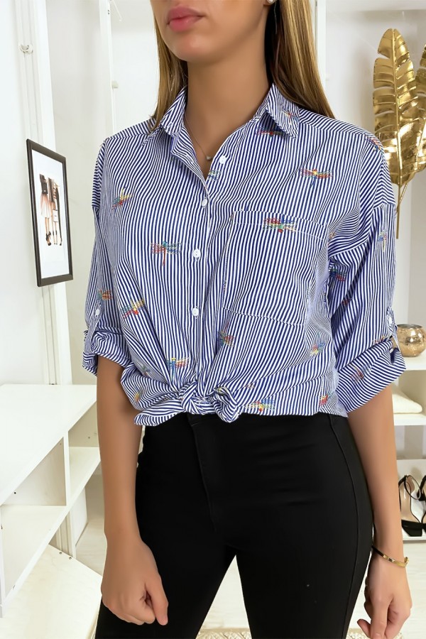 Chemise rayée marine avec détails libellules cousues - 8