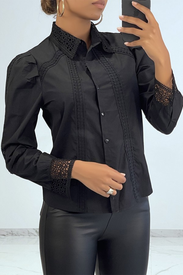 Chemise chic noire à détails broderie ajourée - 1