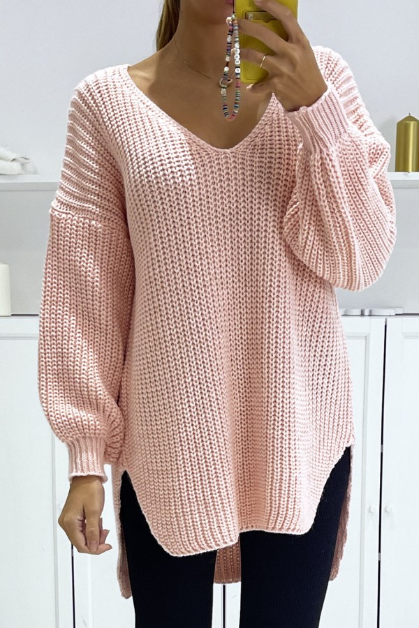 Pull rose asymétrique en tricot à col v et manches bouffantes, ultra doux - 1