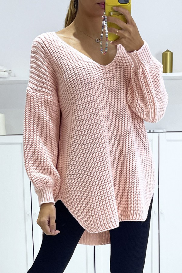 Pull rose asymétrique en tricot à col v et manches bouffantes, ultra doux - 2