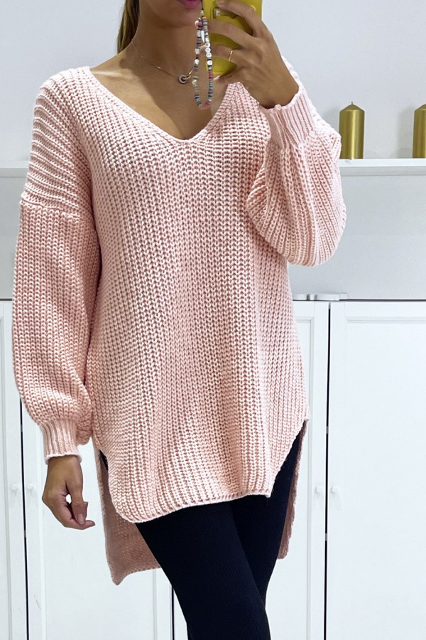 Pull rose asymétrique en tricot à col v et manches bouffantes, ultra doux - 4