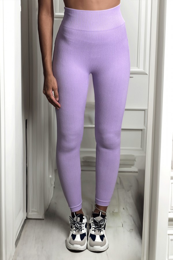 Legging violet en maille côtelé très extensible - 2