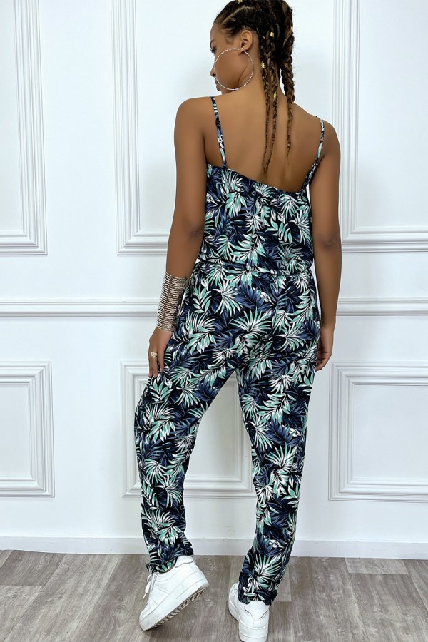 Combinaison pantalon fleuri vert avec volant et bretelles reglables - 1