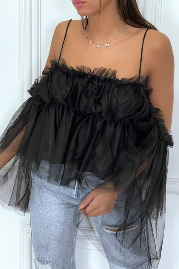 Top en tulle noir à bretelles et épaules denudées - 4