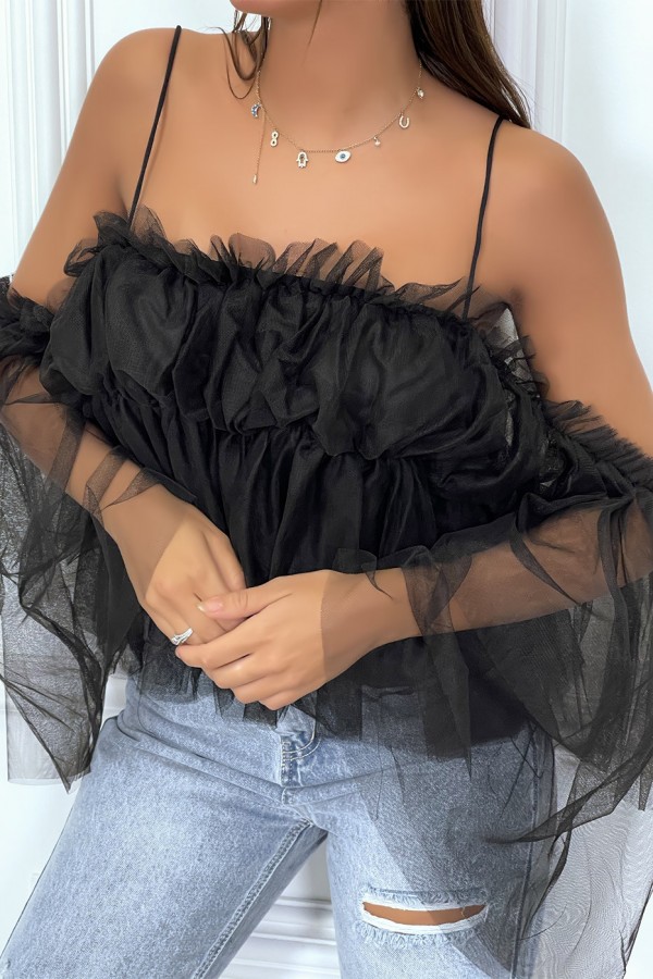 Top en tulle noir à bretelles et épaules denudées - 5