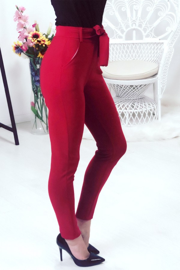 Pantalon rouge avec ceinture et poches - 6