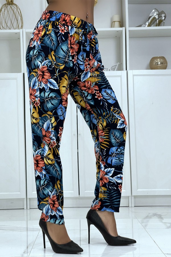 Pantalon fluide marine à motif floral B-59 - 3