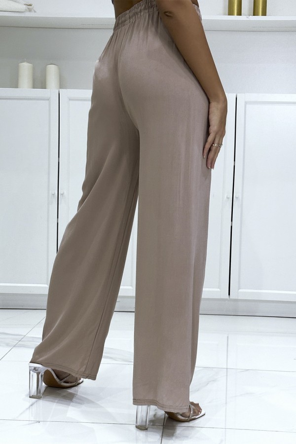 Pantalon palazzo taupe en coton uni - 1