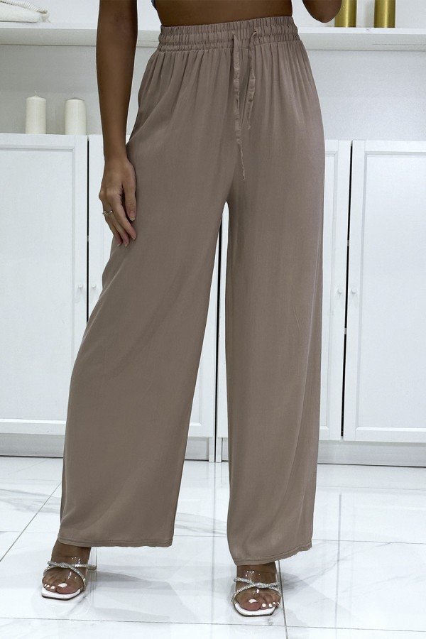 Pantalon palazzo taupe en coton uni - 3