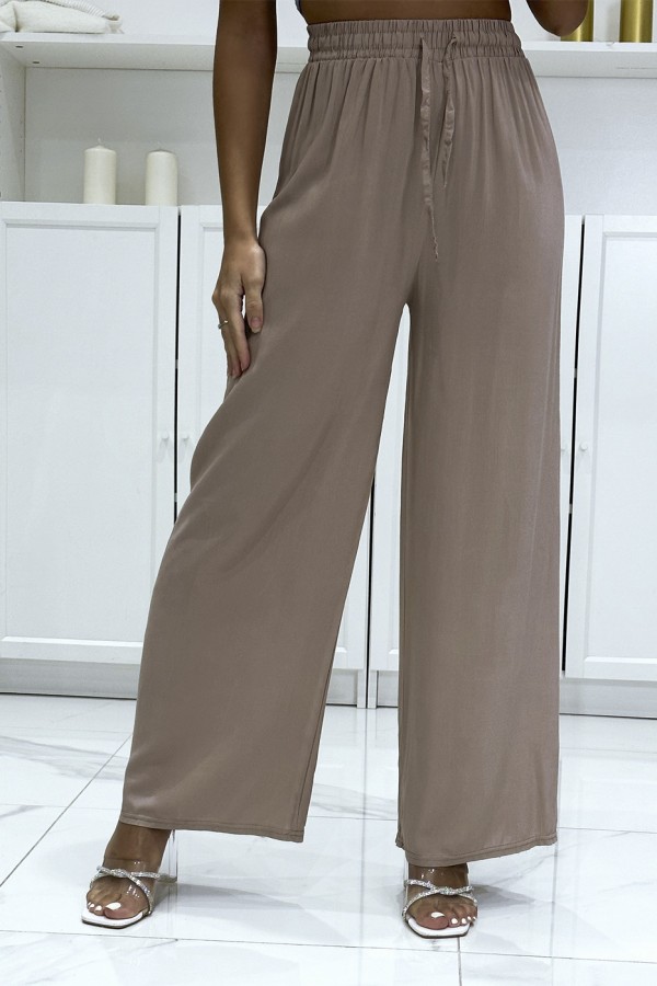 Pantalon palazzo taupe en coton uni - 4