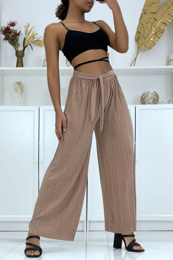 Pantalon palazzo taupe plissé à motif - 2