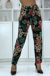 Pantalon fluide noir à motif floral B-29 - 1