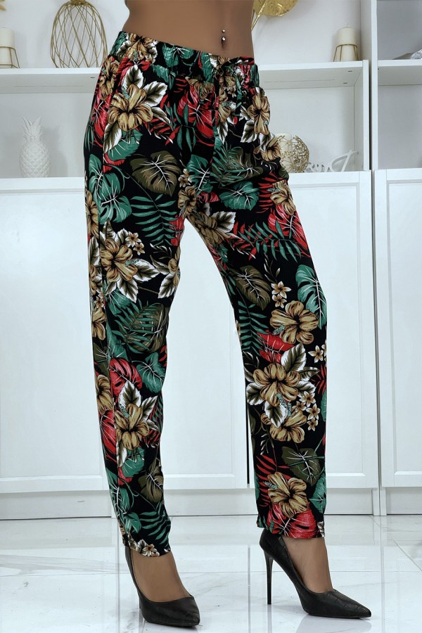 Pantalon fluide noir à motif floral B-29 - 2