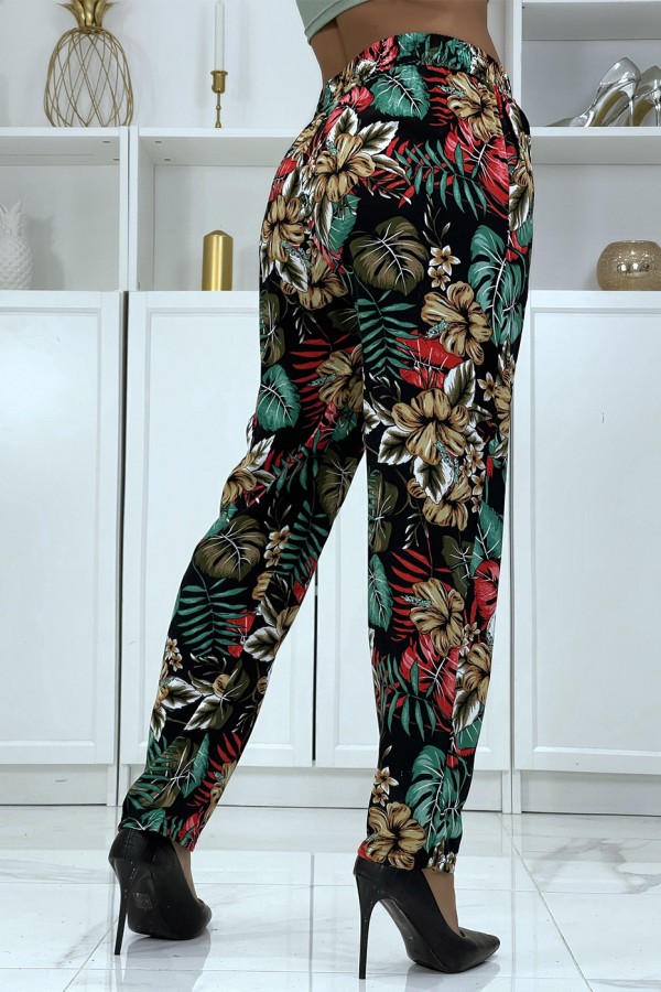 Pantalon fluide noir à motif floral B-29 - 3