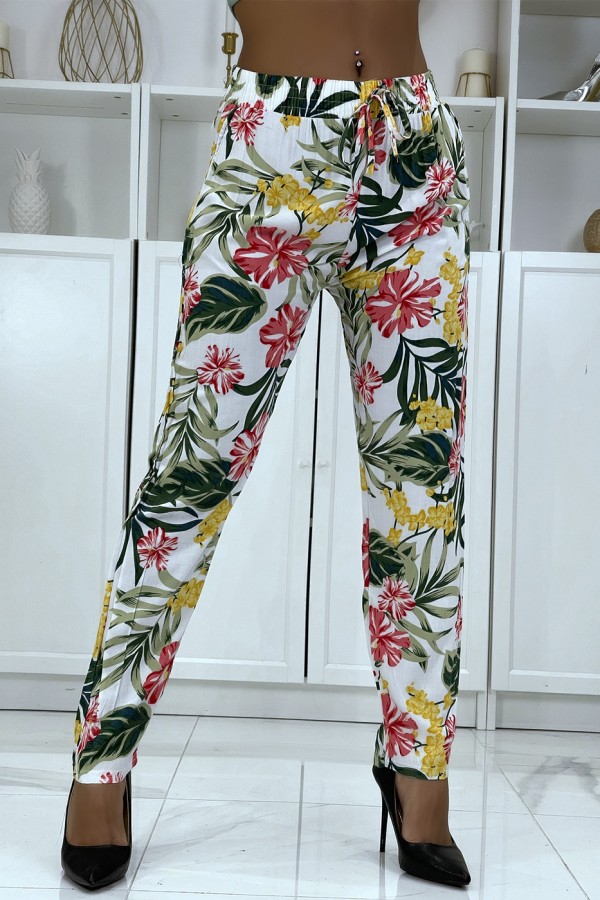 Pantalon fluide blanc à motif floral B-21 - 1