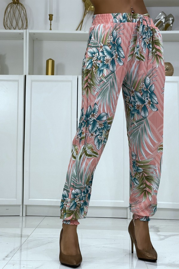 Pantalon fluide rose à motif floral a-14 - 2