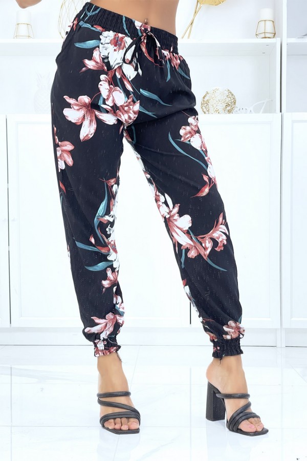 Pantalon noir à fleurs, fluide élastique à la taille et aux chevilles  - 2