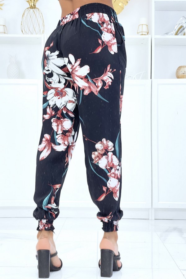 Pantalon noir à fleurs, fluide élastique à la taille et aux chevilles  - 3