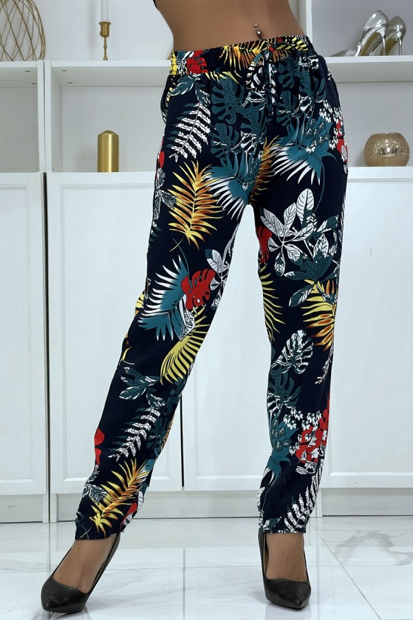 Pantalon fluide marine à motif floral B-5 - 1