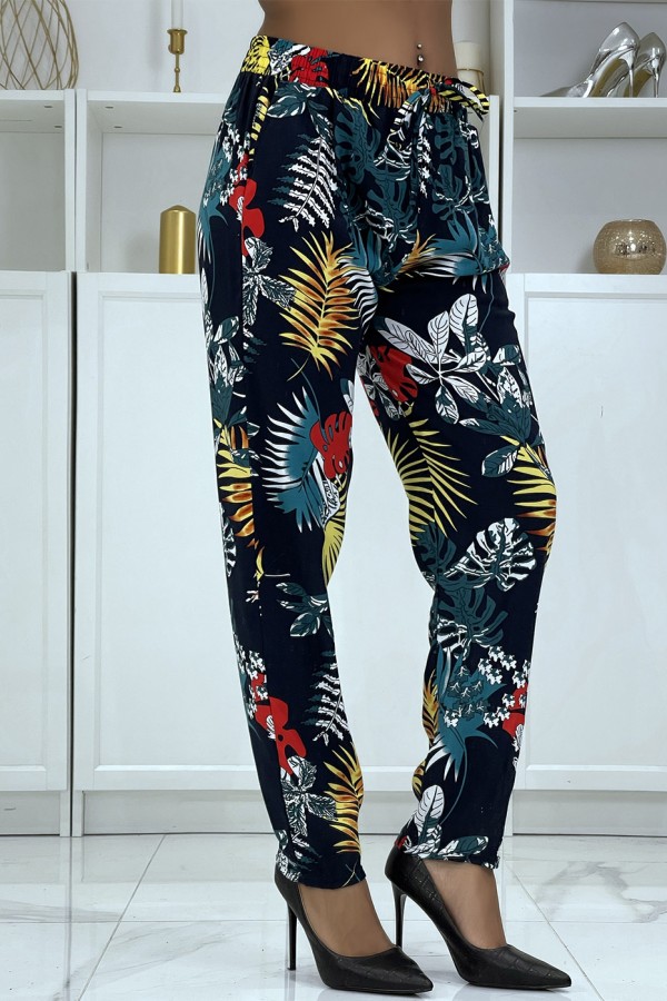 Pantalon fluide marine à motif floral B-5 - 2